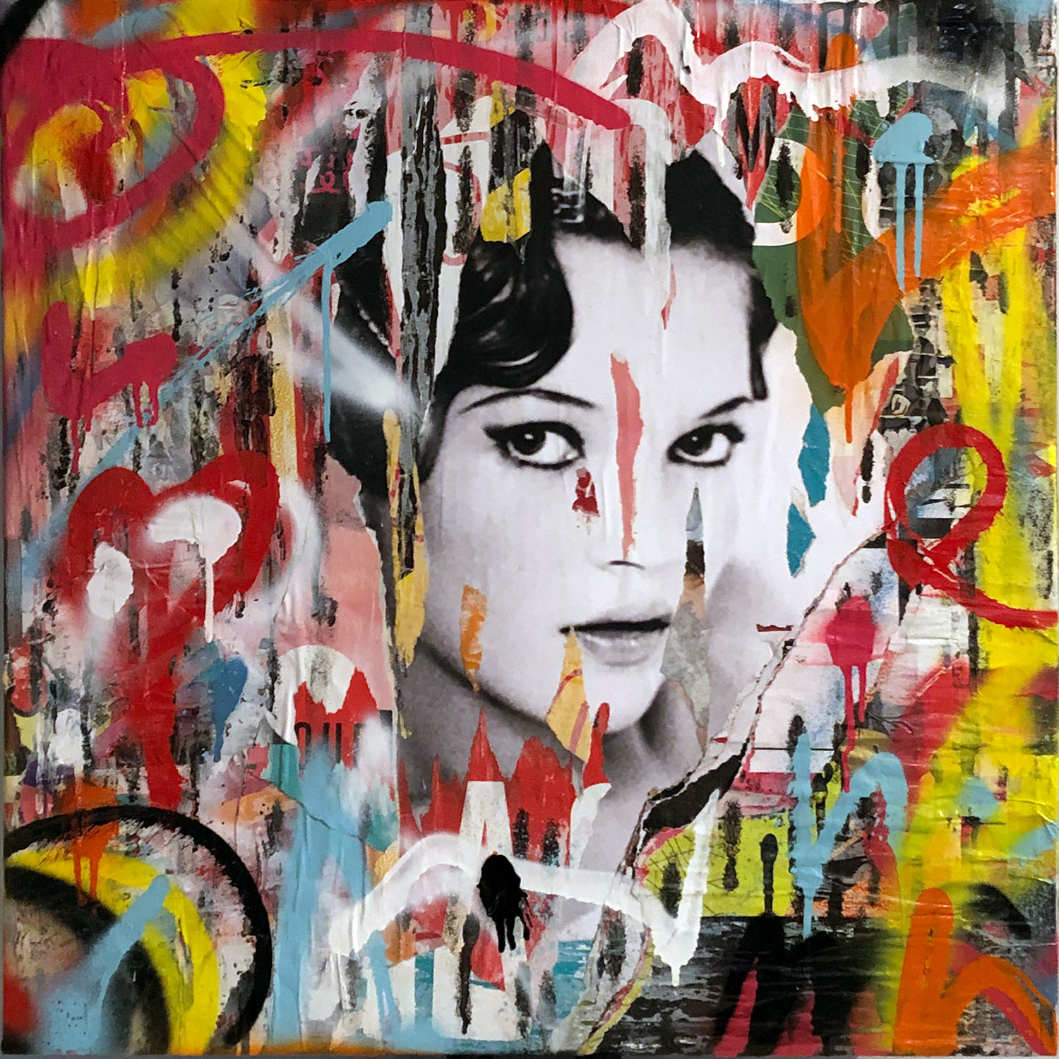 Kate Moss — Collage original sur toile, peinture à la bombe | Morgan Paslier